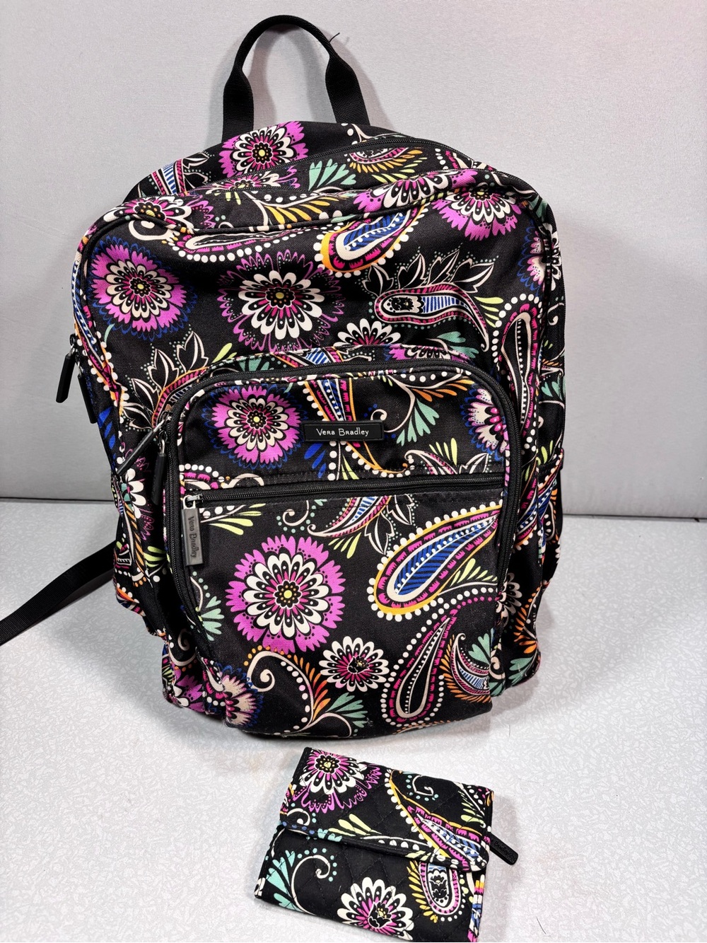 Vera Bradley Black Floral Paisley Backpack and Wallet in Pink, Blue, Green